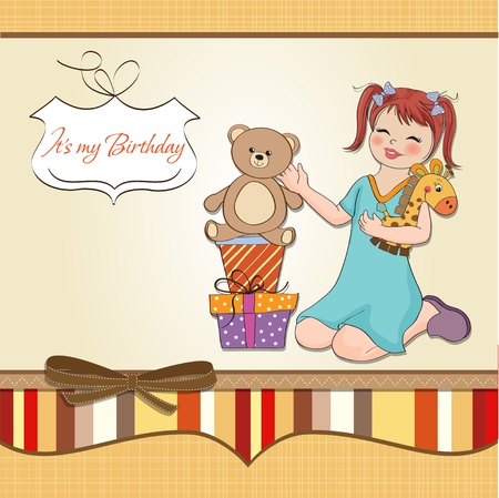 little girl playing with her birthday gifts   happy birthday card のイラスト素材