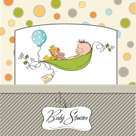 little boy sleeping in a pea been, baby announcement card のイラスト素材