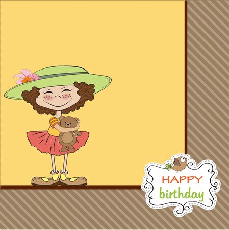cute birthday greeting card with girl and her teddy bear のイラスト素材