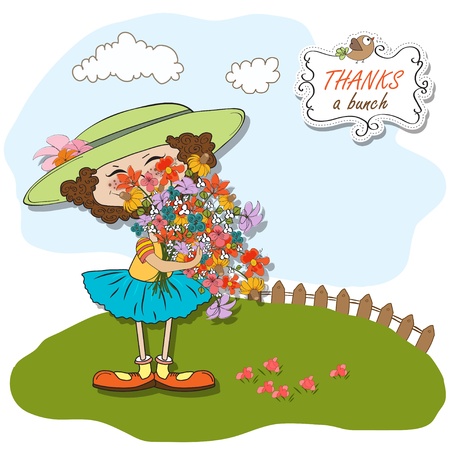 Funny girl with a bunch of flowers のイラスト素材
