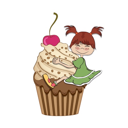 birthday card with funny girl perched on cupcakeのイラスト素材