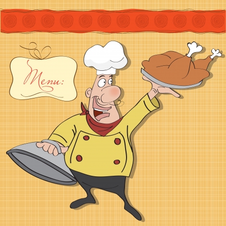 funny cartoon chef with tray of food in hand のイラスト素材