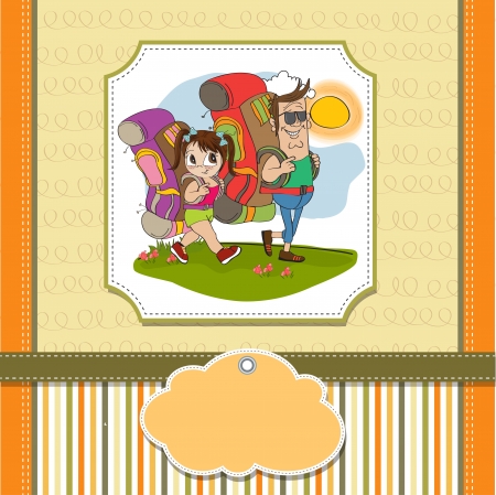 father and daughter tourist traveling with backpacksのイラスト素材