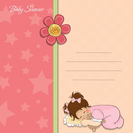baby shower card with little baby girl play with her teddy bear toyのイラスト素材