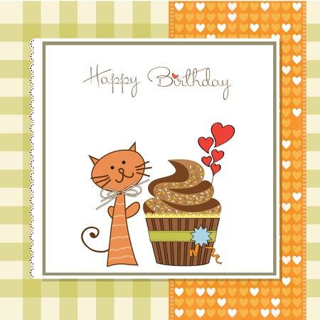birthday greeting card with cupcake and catのイラスト素材