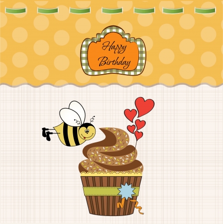 birthday greeting card with cupcake and funny beeのイラスト素材