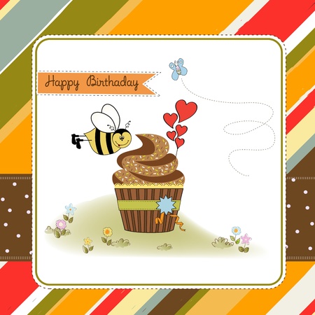 birthday greeting card with cupcake and funny beeのイラスト素材