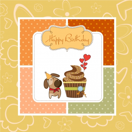 birthday greeting card with cupcake and little dogのイラスト素材