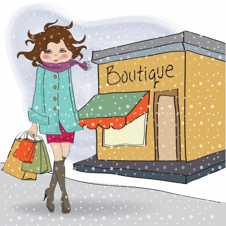 fashion winter girl with shopping bagsのイラスト素材