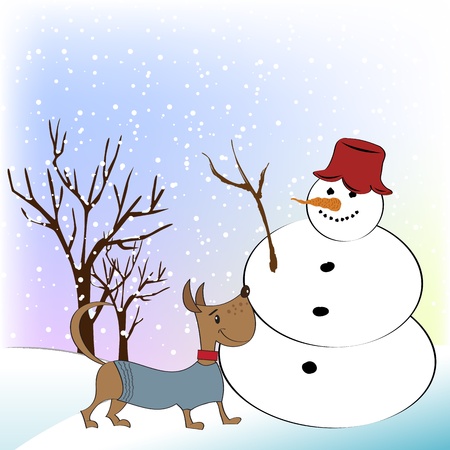Christmas greeting card with funny snowman and happy dogのイラスト素材