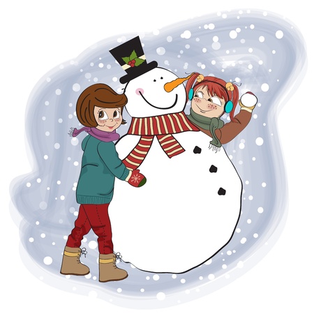 two happy girls building a snowman illustrationのイラスト素材