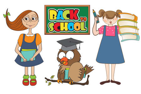 set of two happy young girls at school isolated on white backgroundのイラスト素材