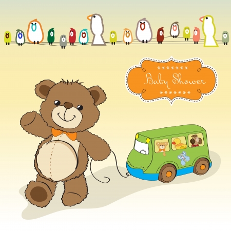 baby shower card with cute teddy bear and bus toyのイラスト素材