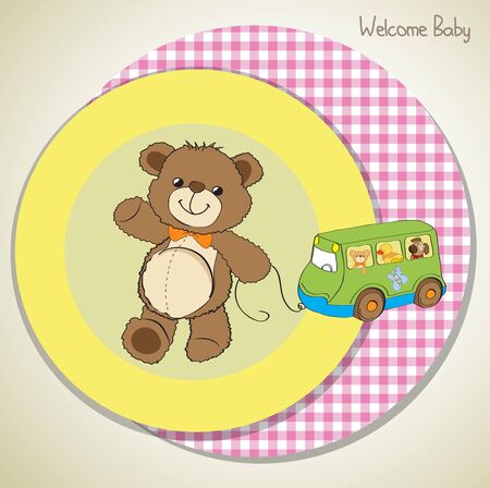 baby shower card with cute teddy bear and bus toyのイラスト素材