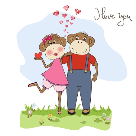 monkeys couple in love, Valentine's day cardのイラスト素材