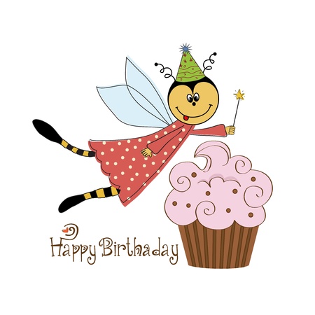 Childish birthday card with funny dressed bee, vector illustrationのイラスト素材