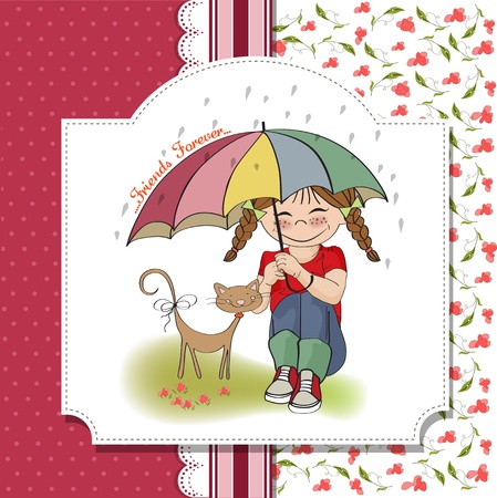 young pretty girl and her cat, friendship card in vector formatのイラスト素材
