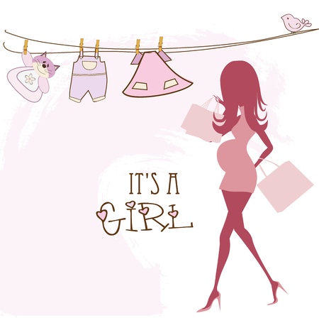 baby announcement card with beautiful pregnant woman on shoppingのイラスト素材