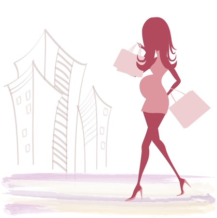 baby announcement card with beautiful pregnant woman on shoppingのイラスト素材