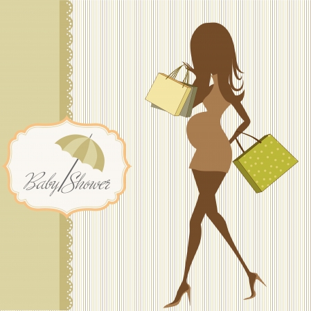 baby announcement card with beautiful pregnant woman on shoppingのイラスト素材