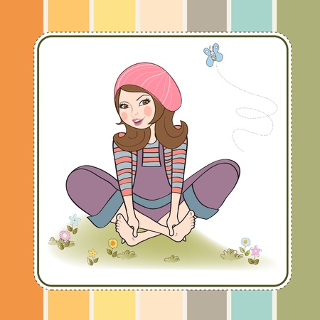 romantic girl sitting barefoot in the grass, vector illustrationのイラスト素材