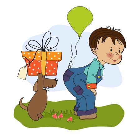 little boy and his dog, birthday card のイラスト素材