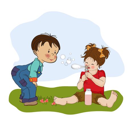little boy playing with a little girl, illustration のイラスト素材
