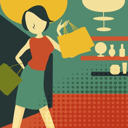 retro young woman at shopping, vector illustrationのイラスト素材