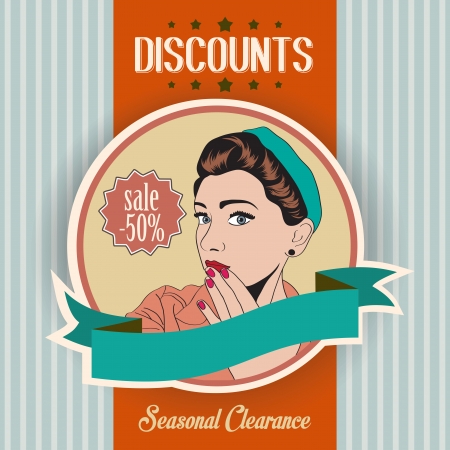 retro illustration of a beautiful woman and discounts message, vector illustrationのイラスト素材