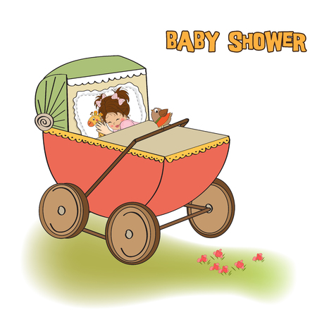 baby girl shower card with retro strolller, vector illustrationのイラスト素材
