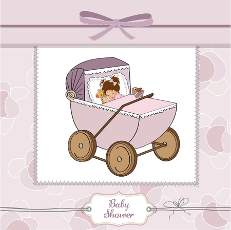 baby girl shower card with retro strolller, vector illustrationのイラスト素材