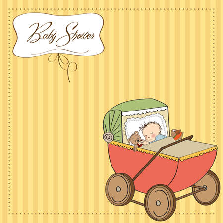 baby boy shower card with retro strolller, vector illustrationのイラスト素材