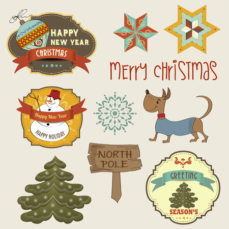 Collection of vintage Christmas decorative elements and labels, vector illustrationのイラスト素材