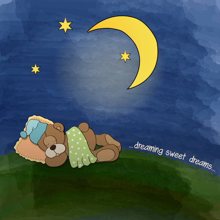 baby teddy bear sleeping on grass, vector illustrationのイラスト素材