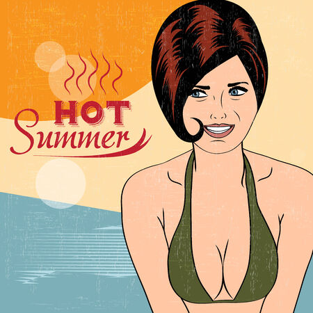 Hot pop art girl on a beach, vector illustrationのイラスト素材