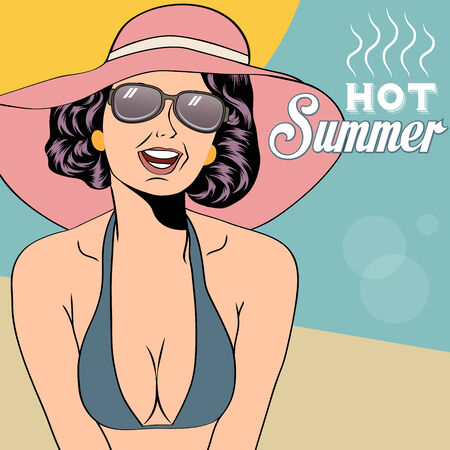 Hot pop art girl on a beach, vector illustrationのイラスト素材