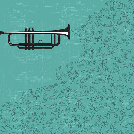 Music background with trumpet and butterflies, vector illustrationのイラスト素材
