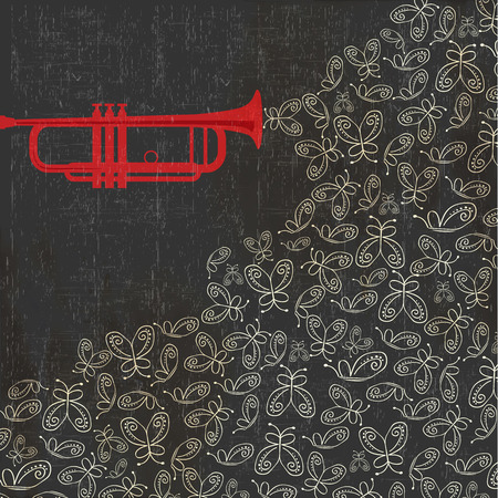Music background with trumpet and butterflies, vector illustrationのイラスト素材