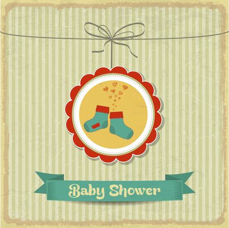 retro baby shower card with little socks, vector illustrationのイラスト素材