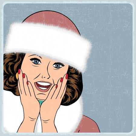 elegant young and happy woman in winter, retro Christmas card, vector illustrationのイラスト素材