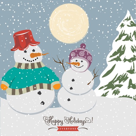 Vintage christmas poster with snowmen, vector illustrationのイラスト素材