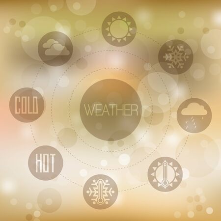 Set of flat design concept icons for weather on yellow blurred background, vector illustrationのイラスト素材