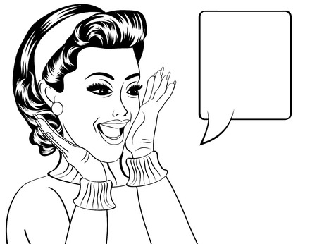 pop art cute retro woman in comics style with message box, vector illustrationのイラスト素材