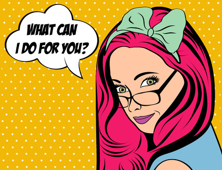 Pop Art illustration of girl with the speech bubble. Pop Art girl. Vintage advertising poster. Fashion woman with speech bubble.のイラスト素材