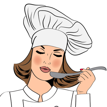 Sexy chef woman in uniform taste the food, vector formatのイラスト素材