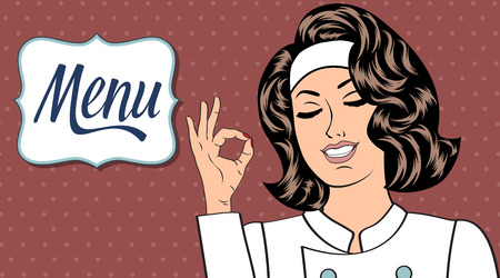 Sexy  chef woman in uniform  gesturing ok sign with her hand, vector format. Menuのイラスト素材