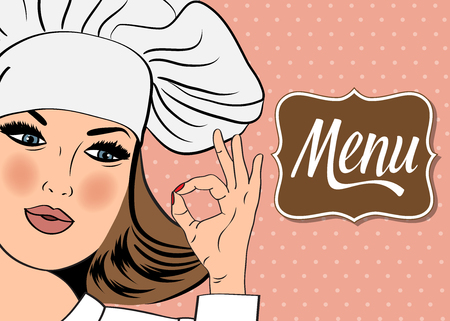 Sexy  chef woman in uniform  gesturing ok sign with her hand, vector format. Menuのイラスト素材