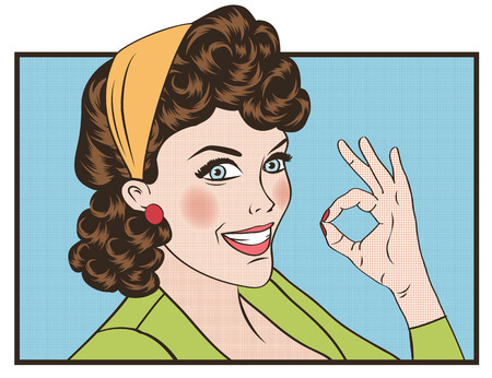 pop art cute retro woman in comics style with OK sign. vector illustrationのイラスト素材