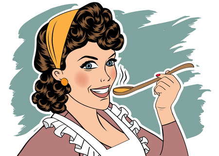 pop art retro woman with apron tasting her food. vector illustrationのイラスト素材