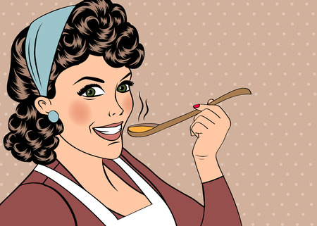 pop art retro woman with apron tasting her food. vector illustrationのイラスト素材